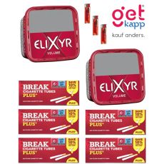 Sparset Elixyr Tabak Red Volume Eimer. Zwei große rote Eimer mit weißem Elixyr Logo, Plus Hülsen und Feuerzeuge.