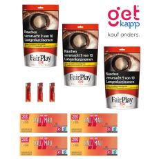 Sparset Tabak Fair Play Red Beutel. Drei rote Beutel mit Fairplay Logo mit Hülsen und Feuerzeuge.