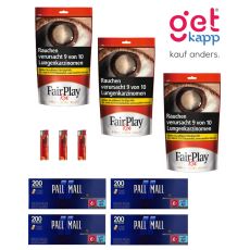 Sparset Tabak Fair Play Red Beutel. Drei rote Beutel mit Fairplay Logo mit Hülsen und Feuerzeuge.