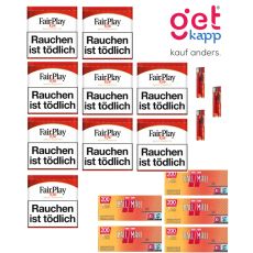 Sparset Tabak Fair Play Red Dose. Zehn weiss-rote Dosen mit Fairplay Logo mit Hülsen und Feuerzeuge.