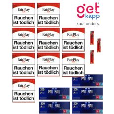 Sparset Tabak Fair Play Red Dose. Zehn weiss-rote Dosen mit Fairplay Logo mit Hülsen und Feuerzeuge.