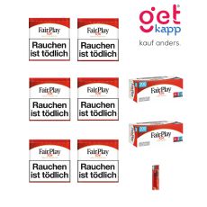 Sparset Tabak Fair Play Red Dose. Sechs weiss-rote Dosen mit Fairplay Logo mit Hülsen und Feuerzeuge.