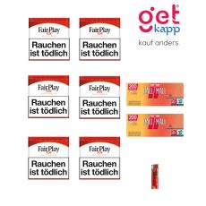 Sparset Tabak Fair Play Red Dose. Sechs weiss-rote Dosen mit Fairplay Logo mit Hülsen und Feuerzeuge.