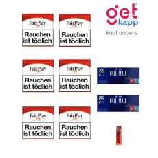 Sparset Tabak Fair Play Red Dose. Sechs weiss-rote Dosen mit Fairplay Logo mit Hülsen und Feuerzeuge.