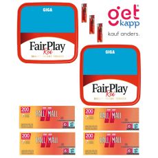 Sparset Tabak Fair Play Red Giga Box. Zwei rote blaue Eimer mit Fairplay Logo mit Hülsen und Feuerzeuge.