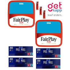 Sparset Tabak Fair Play Red Giga Box. Zwei rote Eimer mit Fairplay Logo mit Hülsen und Feuerzeuge.