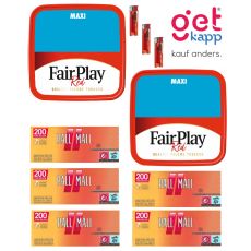 Sparset Tabak Fair Play Red Maxi Box. Zwei rote Eimer mit Fairplay Logo mit Hülsen und Feuerzeuge.