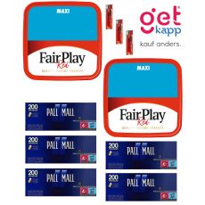 Sparset Tabak Fair Play Red Maxi Box. Zwei rote Eimer mit Fairplay Logo mit Hülsen und Feuerzeuge.