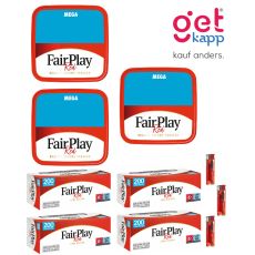 Sparset Tabak Fair Play Red Mega Box. Drei rot-blaue Boxen mit Fairplay Logo mit Hülsen und Feuerzeuge.