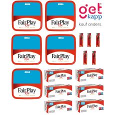 Sparset Tabak Fair Play Red Mega Box. Fünf rot-blaue Boxen mit Fairplay Logo mit Hülsen und Feuerzeuge.