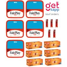 Sparset Tabak Fair Play Red Mega Box. Fünf rot-blaue Boxen mit Fairplay Logo mit Hülsen und Feuerzeuge.
