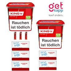 Sparset Tabak The King Red Mega Box. Zwei rot-weiße Eimer mit King Logo mit Hülsen Du hast die Wahl und Feuerzeuge.