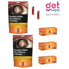 Sparset Tabak Pall Mall Allround Super Beutel. Zwei orange-rote Beutel mit Pall Mall Logo, Hülsen und Feuerzeuge.