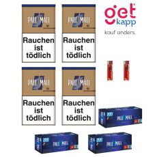 Sparset Tabak Pall Mall Authentic Blau Dose. Vier beige Dosen mit blauem Pausezeichen, Pall Mall Hülsen und Feuerzeuge.