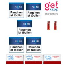 Sparset Tabak Pall Mall Blau Dose. Fünf blaue Dosen mit blauem Pausezeichen, Hülsen deiner Wahl und Feuerzeuge.