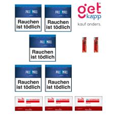 Sparset Tabak Pall Mall Blau Dose. Fünf blaue Dosen mit blauem Pausezeichen, Winston Hülsen und Feuerzeuge.