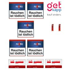 Sparset Tabak Pall Mall Rot XL Dose. Fünf blaue Dosen mit rotem Pausezeichen, Winston Hülsen und Feuerzeuge.