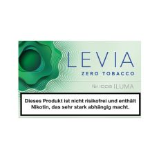 Packung Nikotinsticks IQOS Levia Alpine. Grün-weiße Packung mit grüner Blume und blauer Levia und zero Tobacco Aufschrift.