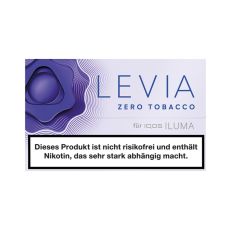 Packung Nikotinsticks IQOS Levia Dark Berry. Lila-weiße Packung mit lila Blume und blauer Levia und zero Tobacco Aufschrift.