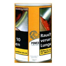 Dose Tabak Power Volume Tobacco. Orange Dose mit silbernen Löwenkopf und schwarzer Power Aufschrift.