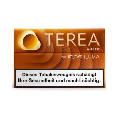 Packung Tabaksticks IQOS Terea Amber. Hellbraune Packung mit silbener Terea und Iluma Aufschrift.