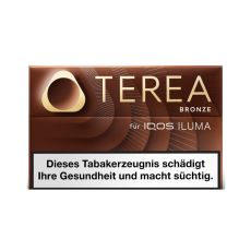 Packung Tabaksticks IQOS Terea Bronze. Dunkelbraune Packung mit goldener Terea und Iluma Aufschrift.