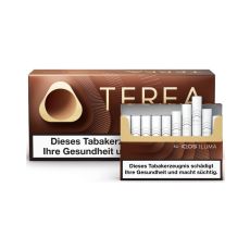 Stange Tabaksticks IQOS Terea Bronze 200 Stück. Dunkelbraune Packungen mit Tabaksticks im Vordergrund. 