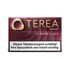 Packung Tabaksticks IQOS Terea Russet. Weinrote Packung mit silbener Terea und Iluma Aufschrift.