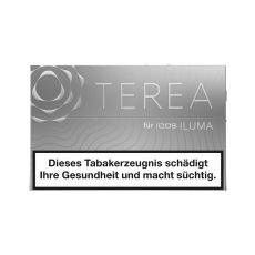 Packung Tabaksticks IQOS Terea Silver. Silberne Packung mit weisser Terea Aufschrift.