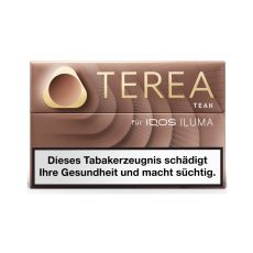 Packung Tabaksticks IQOS Terea Teak. Dunkelbeige Packung mit silbener Terea und Iluma Aufschrift.