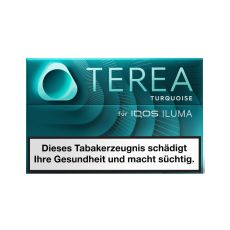 Packung Tabaksticks IQOS Terea Turqouise. Blau-türkise Packung mit türkiser Terea und Iluma Aufschrift.