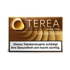 Packung Tabaksticks IQOS Terea Warm Fuse. Goldene Packung mit goldener Terea Aufschrift.