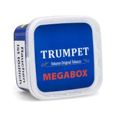 Eimer Trumpet Tabak Volume Blue Mega Box. Großer blauer Eimer mit weißer Trumpet und roter Mega Box Aufschrift.