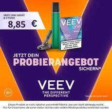 Probierangebot Veev One Freshy Green mit Veev Pods. Grünes Gerät mit 1 Packung Veev Pods mit lila-orangen Hintergrund.