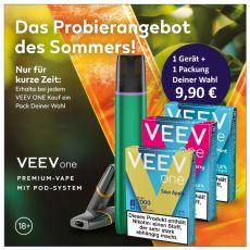 Probierangebot Veev One Freshy Green mit Veev Pods. Grünes Gerät mit 3 Packung Veev Pods mit grün-orangen Hintergrund.
