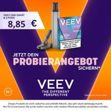 Probierangebot Veev One Silky Grey mit Veev Pods. Graues Gerät mit 1 Packung Veev Pods mit lila-orangen Hintergrund.