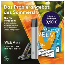 Probierangebot Veev One Silky Grey mit Veev Pods. Graues Gerät mit 2 Packung Veev Pods mit grün-orangen Hintergrund.