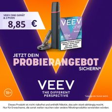 Probierangebot Veev One Velvet Black mit Veev Pods. Schwarzes Gerät mit 1 Packung Veev Pods mit lila-orangen Hintergrund.