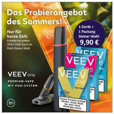 Probierangebot Veev One Velvet Black mit Veev Pods. Schwarzes Gerät mit 3 Packung Veev Pods mit grün-orangen Hintergrund.