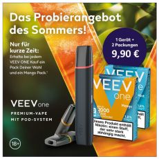 Probierangebot Veev One Velvet Black mit Veev Pods. Schwarzes Gerät mit 2 Packung Veev Pods mit grün-orangen Hintergrund.