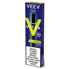 Veev Now Ultra Einweg E-Zigarette Sour Apple. Blaue Packung mit schwarzem Gerät mit Veev Aufschrift.