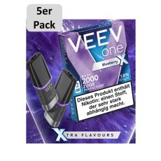 Packung Veev One Liquid Pods Blueberry X. Blau-Lila Packung mit weißer Veev One Aufschrift und 5er Pack Bottom.