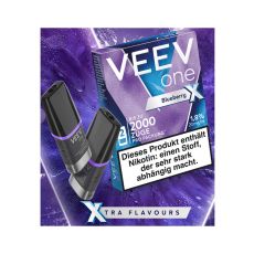 Packung Veev One Liquid Pods Blaubeere X. Blau-lila Packung mit weißer Veev One Aufschrift und schwarze Pods.