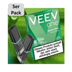 Packung Veev One Liquid Pods Green Mint. Grüne Packung mit weißer Veev One Aufschrift und 5er Pack Bottom.