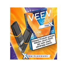 Packung Veev One Liquid Pods Mango X. Blau-Orange Packung mit weißer Veev One Aufschrift und schwarze Pods.
