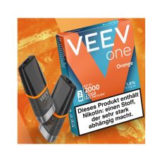 Packung Veev One Liquid Pods Orange. Blau-orange Packung mit weißer Veev One Aufschrift und schwarze Pods.