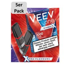 Packung Veev One Liquid Pods Strawberry X. Blau-rote Packung mit weißer Veev One Aufschrift und 5er Pack Bottom.