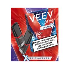 Packung Veev One Liquid Pods Strawberry X. Blau-rote Packung mit weißer Veev One Aufschrift und schwarze Pods.