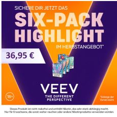 Aktion Veev One Pods Six-Pack Deiner Wahl. Sechs Packungen Veev Pods mit lila-orangen Hintergrund.