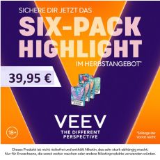 Aktion Veev One Pods Six-Pack Deiner Wahl. Sechs Packungen Veev Pods mit lila-orangen Hintergrund.